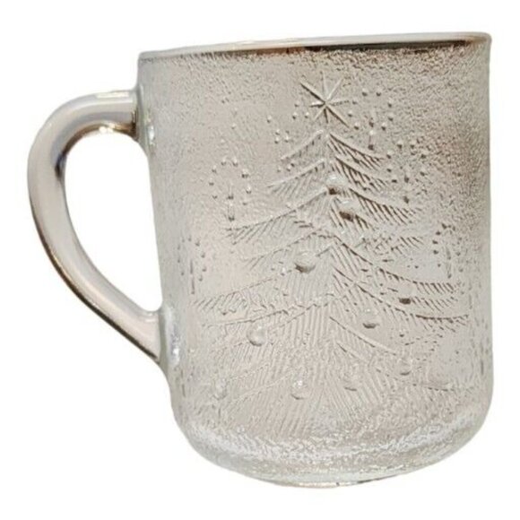 Set Of 2 Christmas Tree Mugs Cups Frosted Clear Tempered Glass, Duralex France - Picture 2 of 5